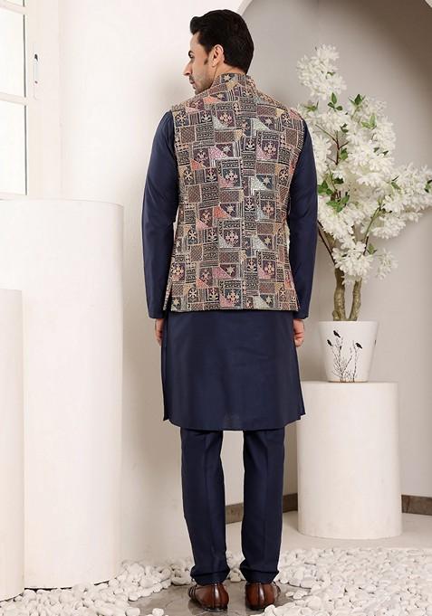 Multicolor Embroidered Viscose Dupion Silk Nehru Jacket And Kurta Set