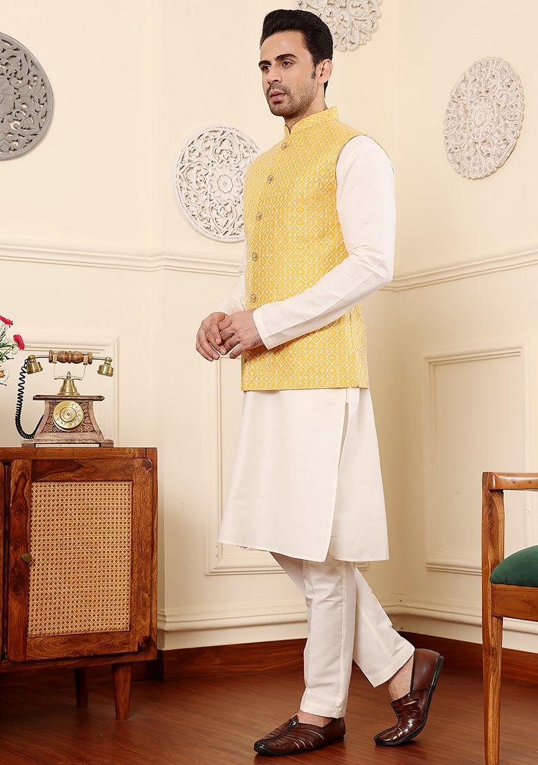 Yellow Embroidered Rayon Silk Nehru Jacket And Kurta Set