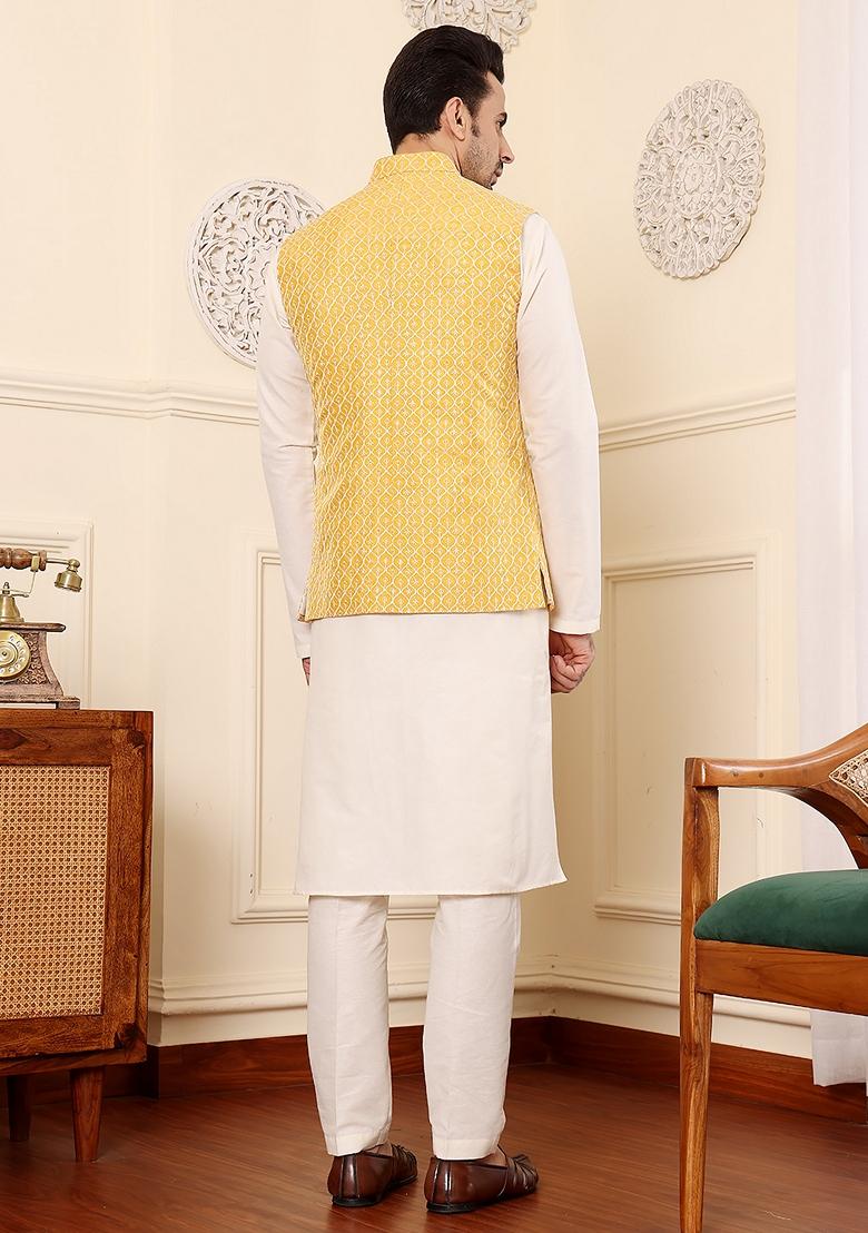 Yellow Embroidered Rayon Silk Nehru Jacket And Kurta Set