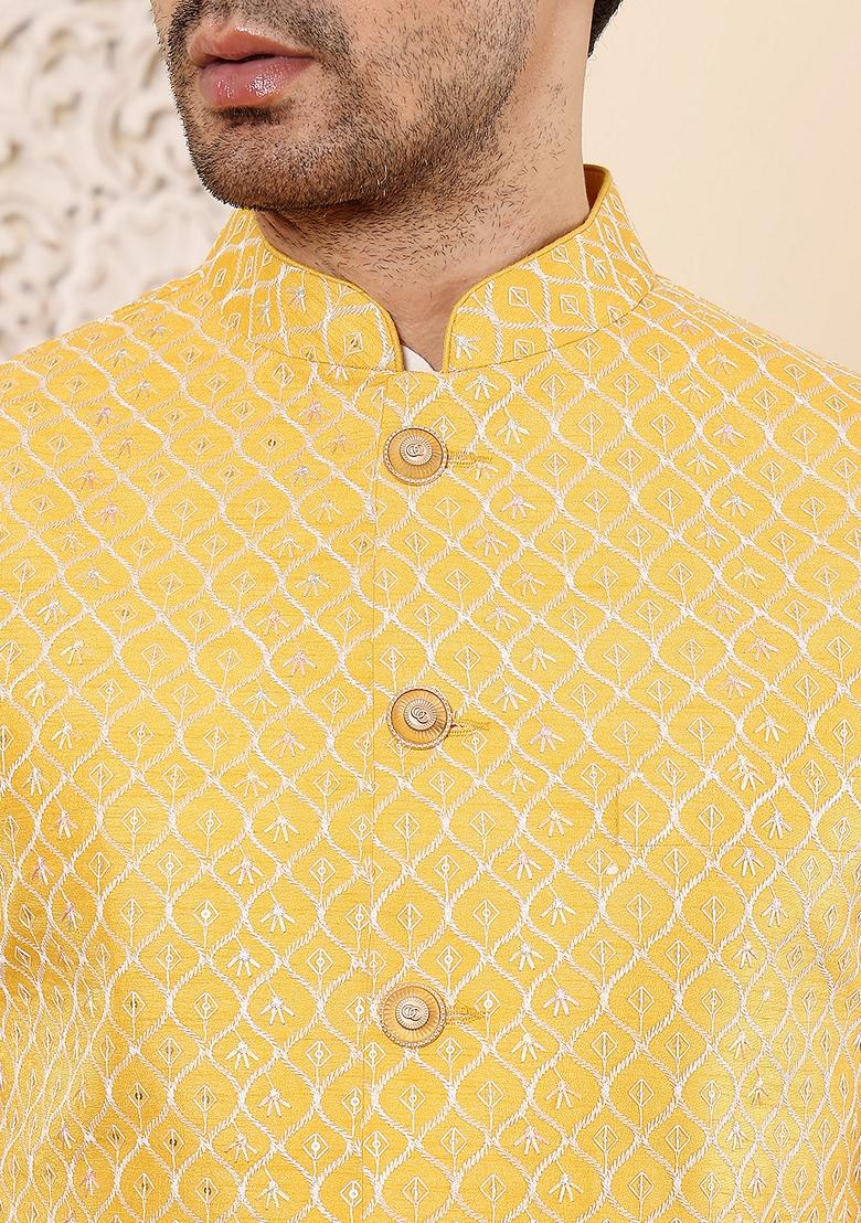 Yellow Embroidered Rayon Silk Nehru Jacket And Kurta Set