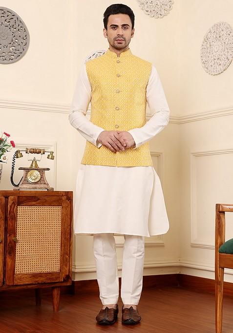 Yellow Embroidered Rayon Silk Nehru Jacket And Kurta Set