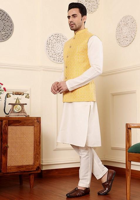 Yellow Embroidered Rayon Silk Nehru Jacket And Kurta Set
