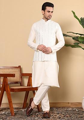 White Embroidered Viscose Georgette Nehru Jacket And Kurta Set