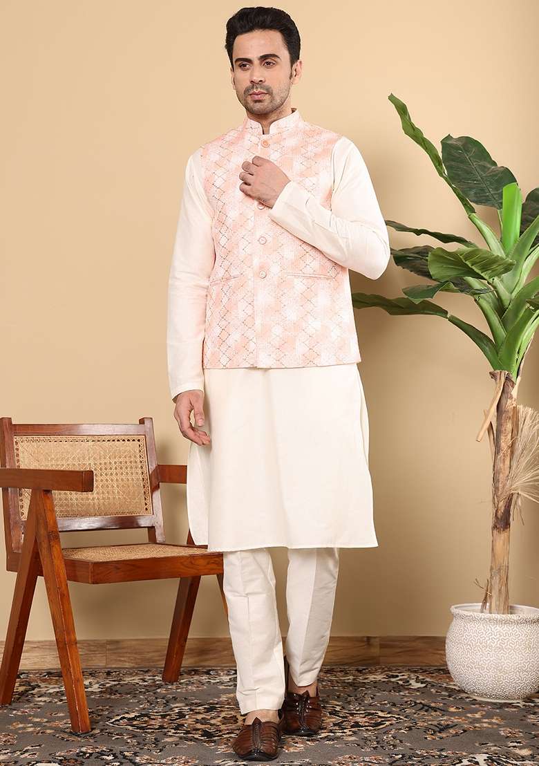 Peach Embroidered Rayon Silk Blend Nehru Jacket And Kurta Set - Indya