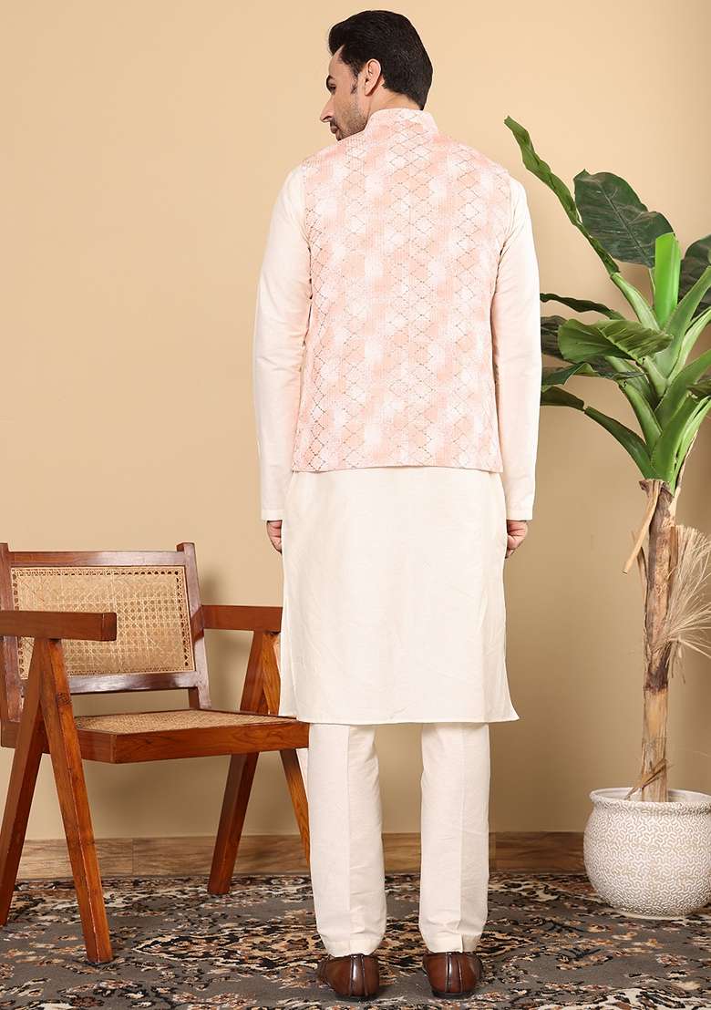 Peach Embroidered Rayon Silk Blend Nehru Jacket And Kurta Set - Indya