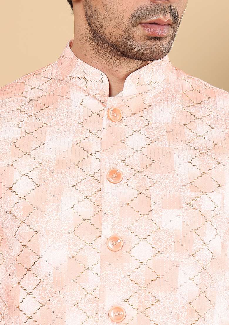 Peach Embroidered Rayon Silk Blend Nehru Jacket And Kurta Set - Indya
