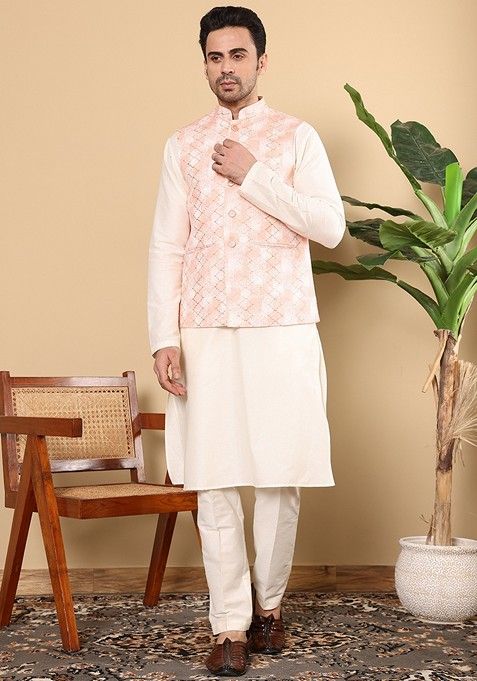 Peach Embroidered Rayon Silk Nehru Jacket And Kurta Set