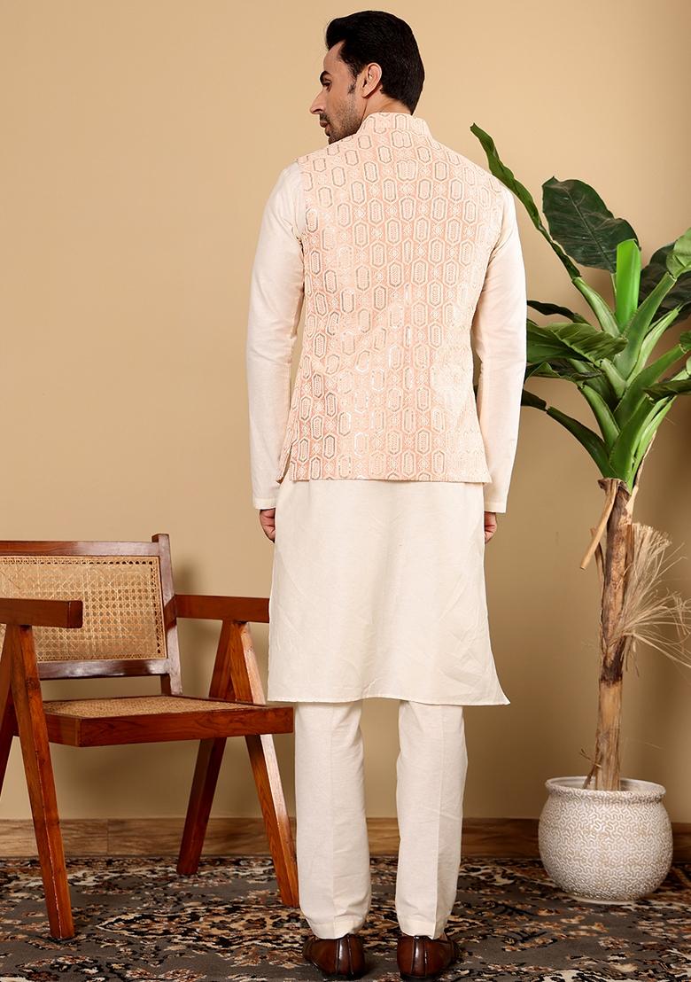 Peach Embroidered Viscose Silk Nehru Jacket And Kurta Set