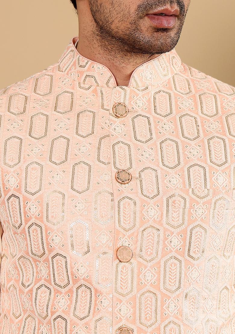 Peach Embroidered Viscose Silk Nehru Jacket And Kurta Set