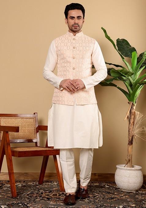 Peach Embroidered Viscose Silk Nehru Jacket And Kurta Set