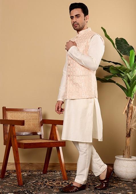 Peach Embroidered Viscose Silk Nehru Jacket And Kurta Set