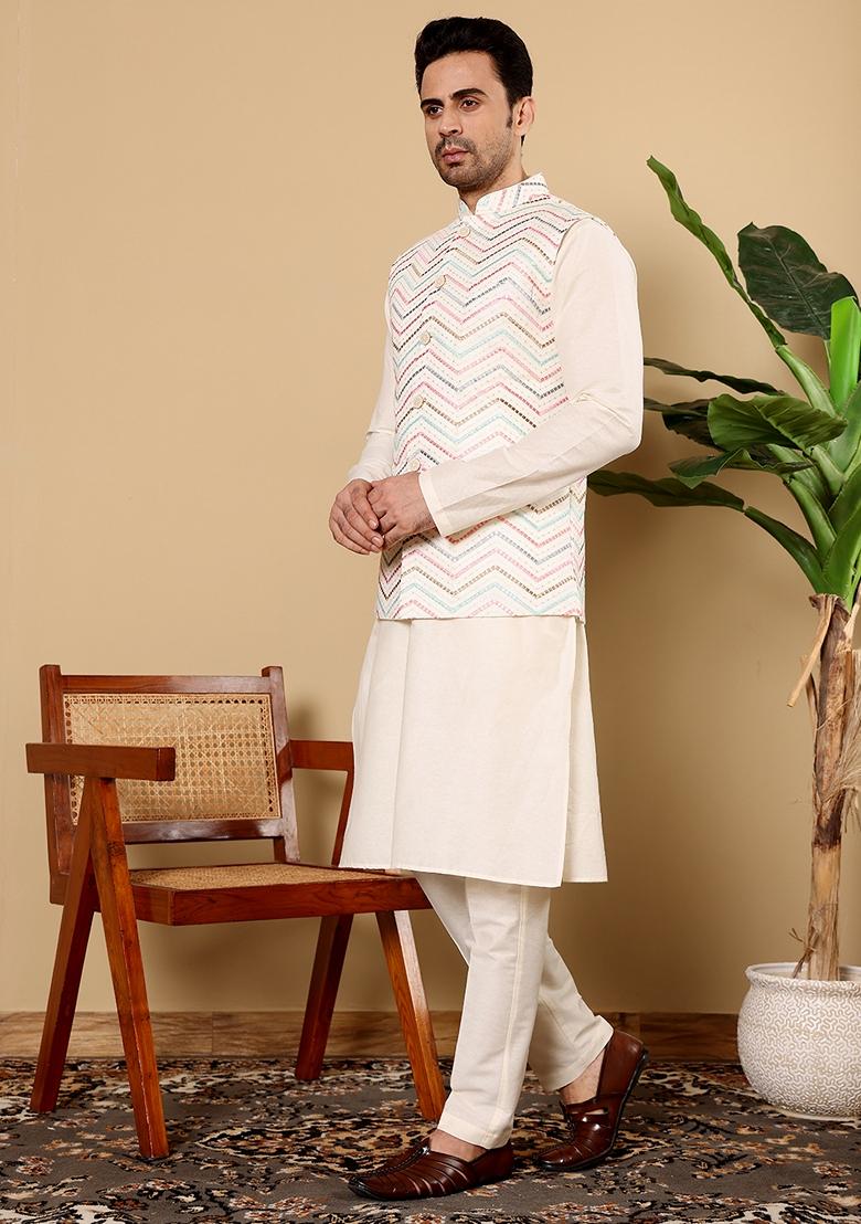 White Embroidered Viscose Silk Nehru Jacket And Kurta Set