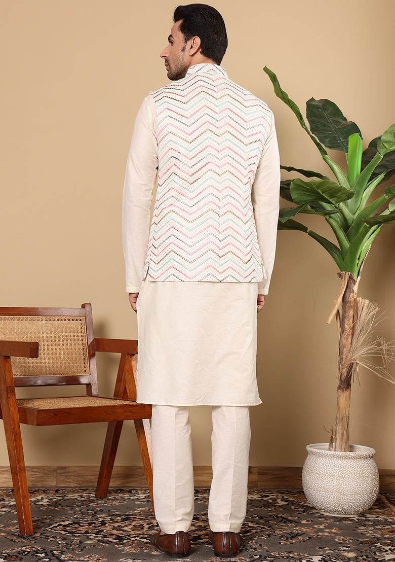 White Embroidered Viscose Silk Nehru Jacket And Kurta Set