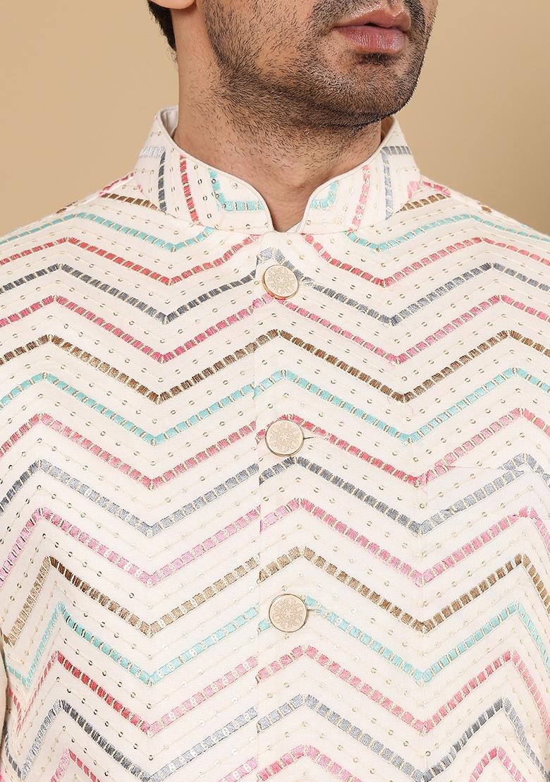 White Embroidered Viscose Silk Nehru Jacket And Kurta Set