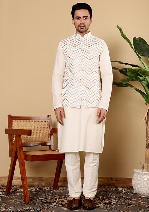 White Embroidered Viscose Silk Nehru Jacket And Kurta Set