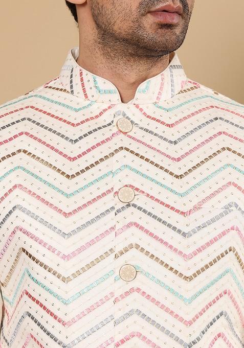 White Embroidered Viscose Silk Nehru Jacket And Kurta Set