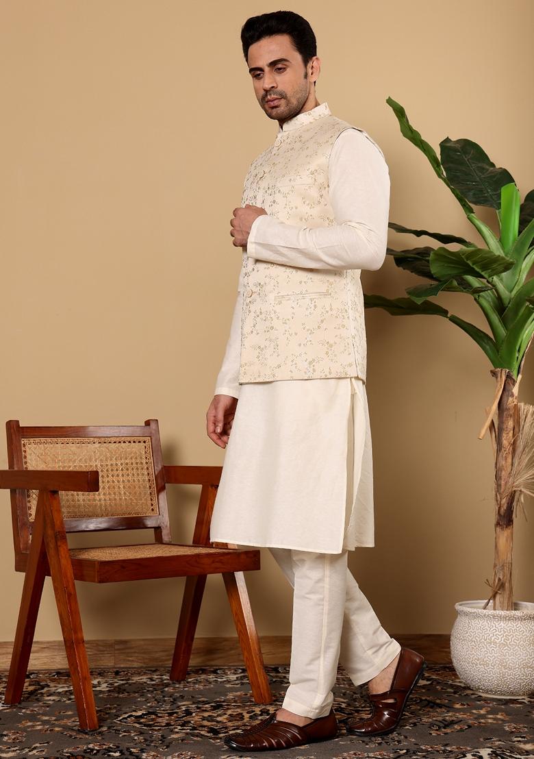Cream Embroidered Viscose Silk Nehru Jacket And Kurta Set