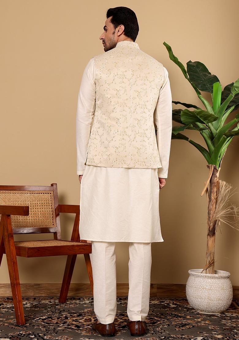 Cream Embroidered Viscose Silk Nehru Jacket And Kurta Set