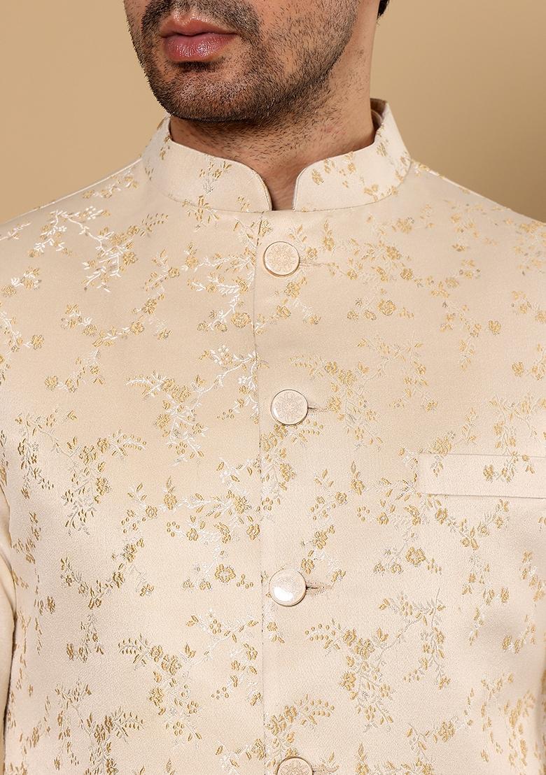 Cream Embroidered Viscose Silk Nehru Jacket And Kurta Set