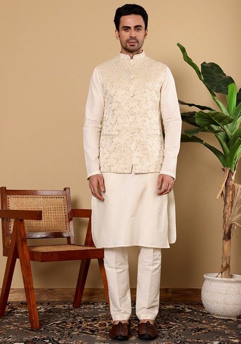 Cream Embroidered Viscose Silk Nehru Jacket And Kurta Set