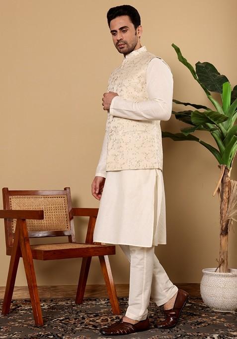 Cream Embroidered Viscose Silk Nehru Jacket And Kurta Set