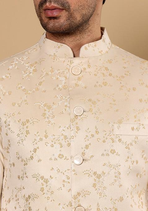 Cream Embroidered Viscose Silk Nehru Jacket And Kurta Set