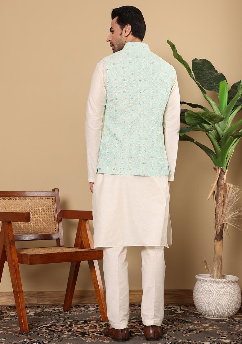 Green Embroidered Viscose Silk Nehru Jacket And Kurta Set