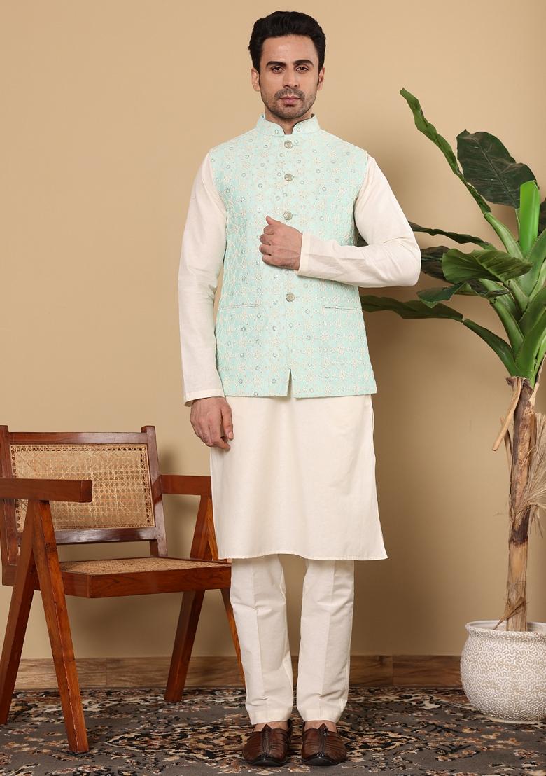 Green Embroidered Viscose Silk Nehru Jacket And Kurta Set