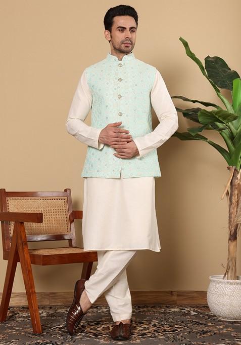 Green Embroidered Viscose Silk Nehru Jacket And Kurta Set