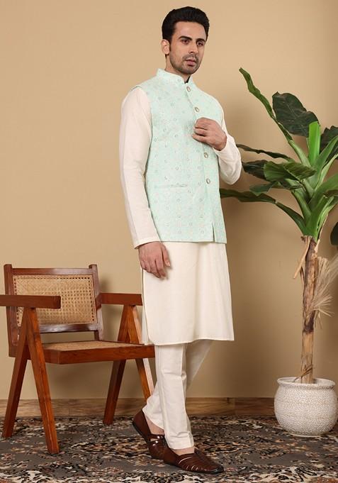 Green Embroidered Viscose Silk Nehru Jacket And Kurta Set