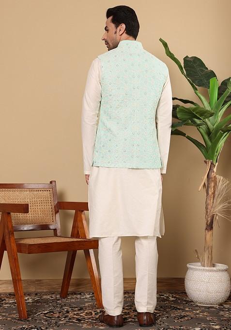 Green Embroidered Viscose Silk Nehru Jacket And Kurta Set
