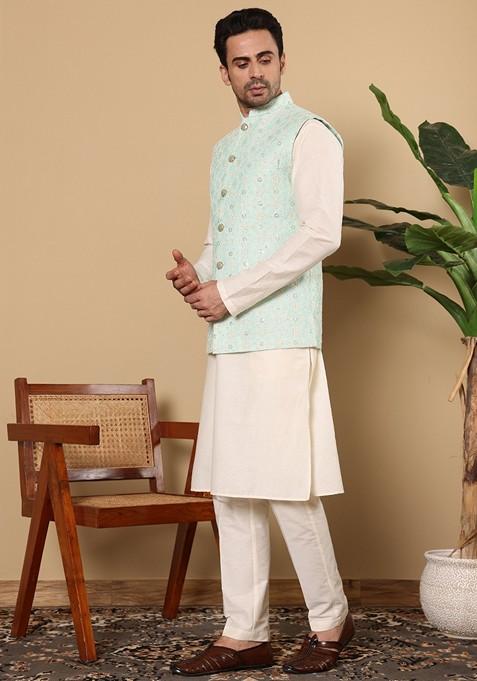 Green Embroidered Viscose Silk Nehru Jacket And Kurta Set