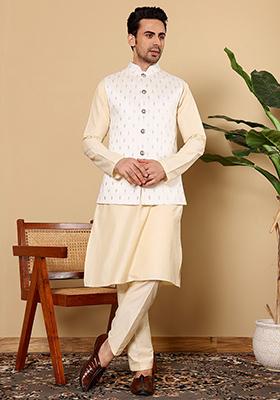 White Embroidered Viscose Silk Nehru Jacket And Kurta Set