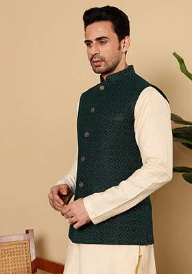 Dark Green Embroidered Rayon Silk Blend Nehru Jacket And Kurta Set