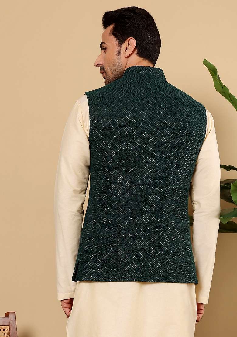 Dark Green Embroidered Rayon Silk Blend Nehru Jacket And Kurta Set - Indya