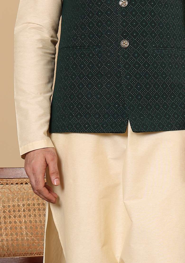 Dark Green Embroidered Rayon Silk Blend Nehru Jacket And Kurta Set - Indya