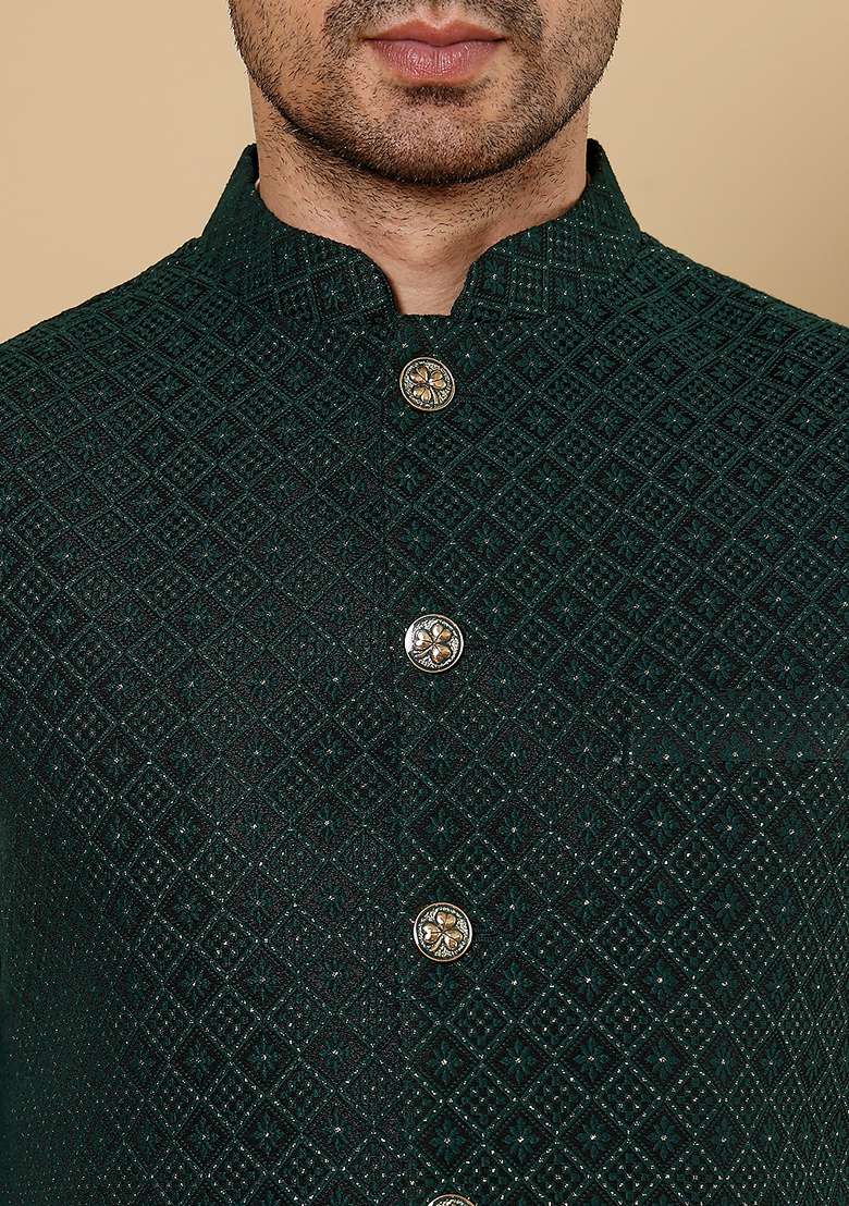 Dark Green Embroidered Rayon Silk Blend Nehru Jacket And Kurta Set - Indya