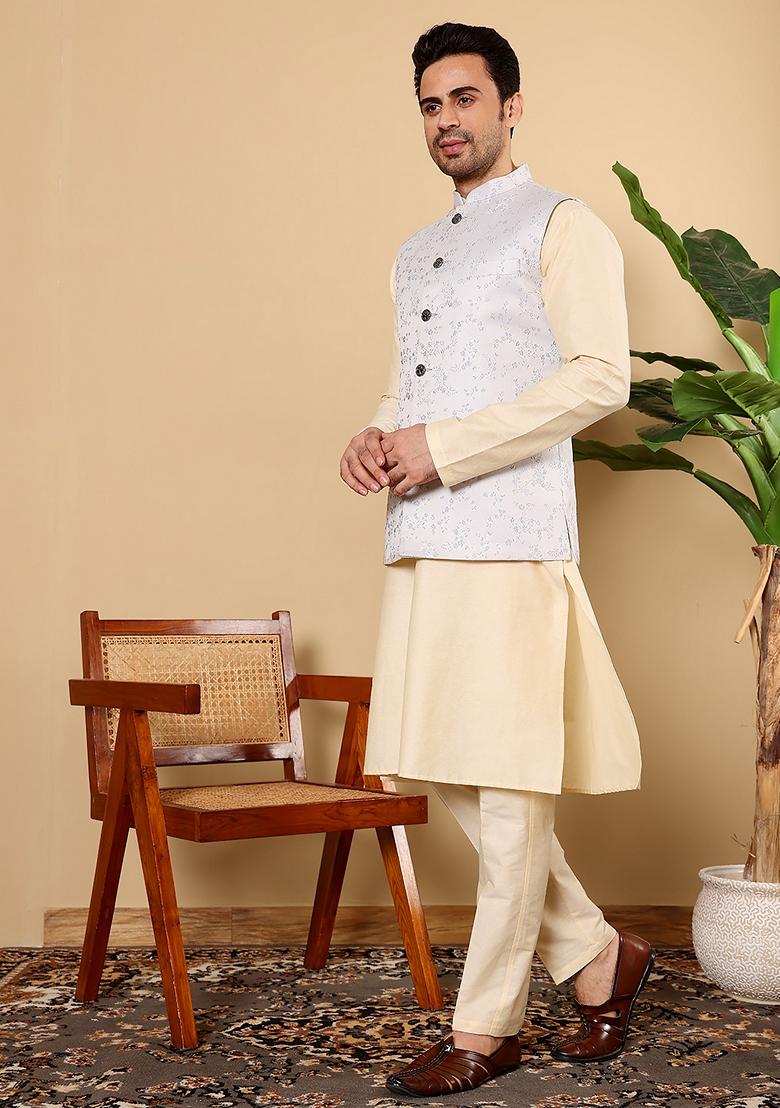 Light Blue Embroidered Viscose Silk Nehru Jacket And Kurta Set
