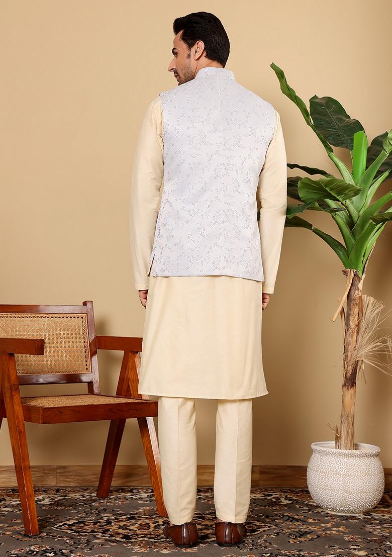Light Blue Embroidered Viscose Silk Nehru Jacket And Kurta Set