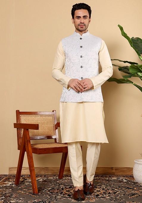 Light Blue Embroidered Viscose Silk Nehru Jacket And Kurta Set