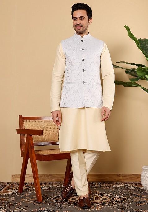 Light Blue Embroidered Viscose Silk Nehru Jacket And Kurta Set
