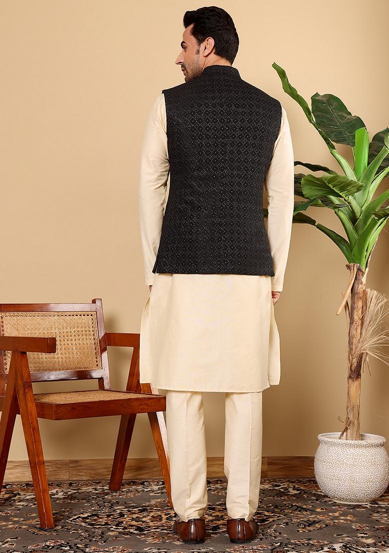 Black Embroidered Viscose Silk Nehru Jacket And Kurta Set - Indya