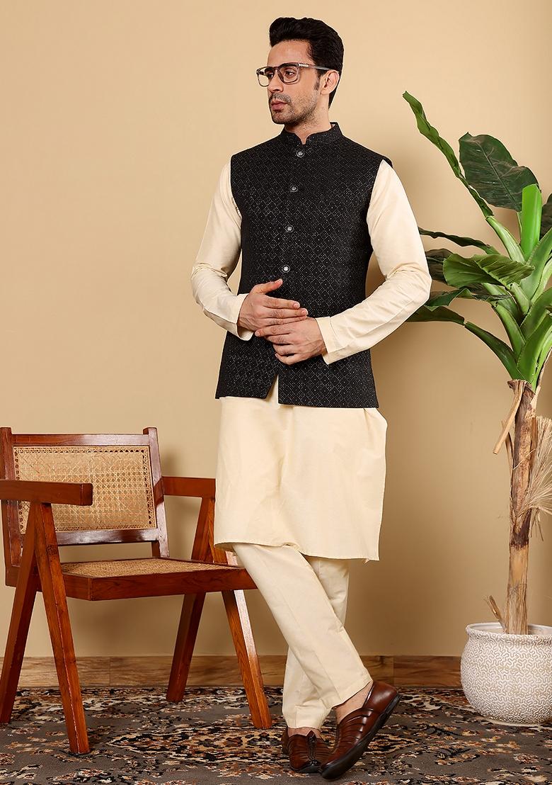 Black Embroidered Viscose Silk Nehru Jacket And Kurta Set - Indya