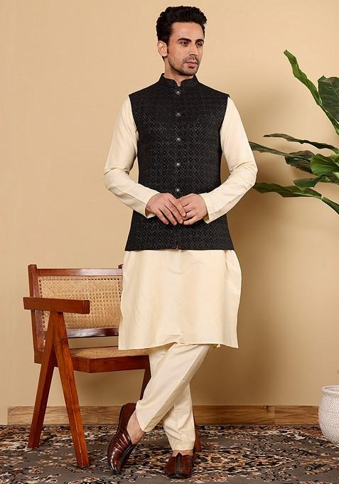 Black Embroidered Viscose Silk Nehru Jacket And Kurta Set