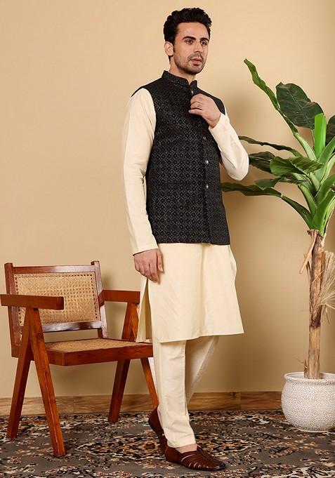 Black Embroidered Viscose Silk Nehru Jacket And Kurta Set