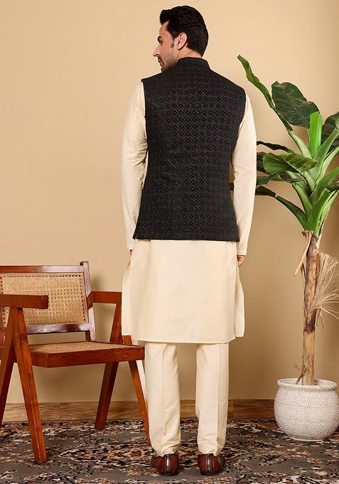 Black Embroidered Viscose Silk Nehru Jacket And Kurta Set