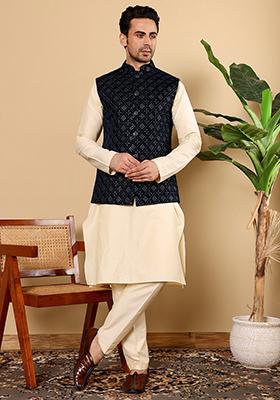 Black Embroidered Viscose Velvet Nehru Jacket And Kurta Set