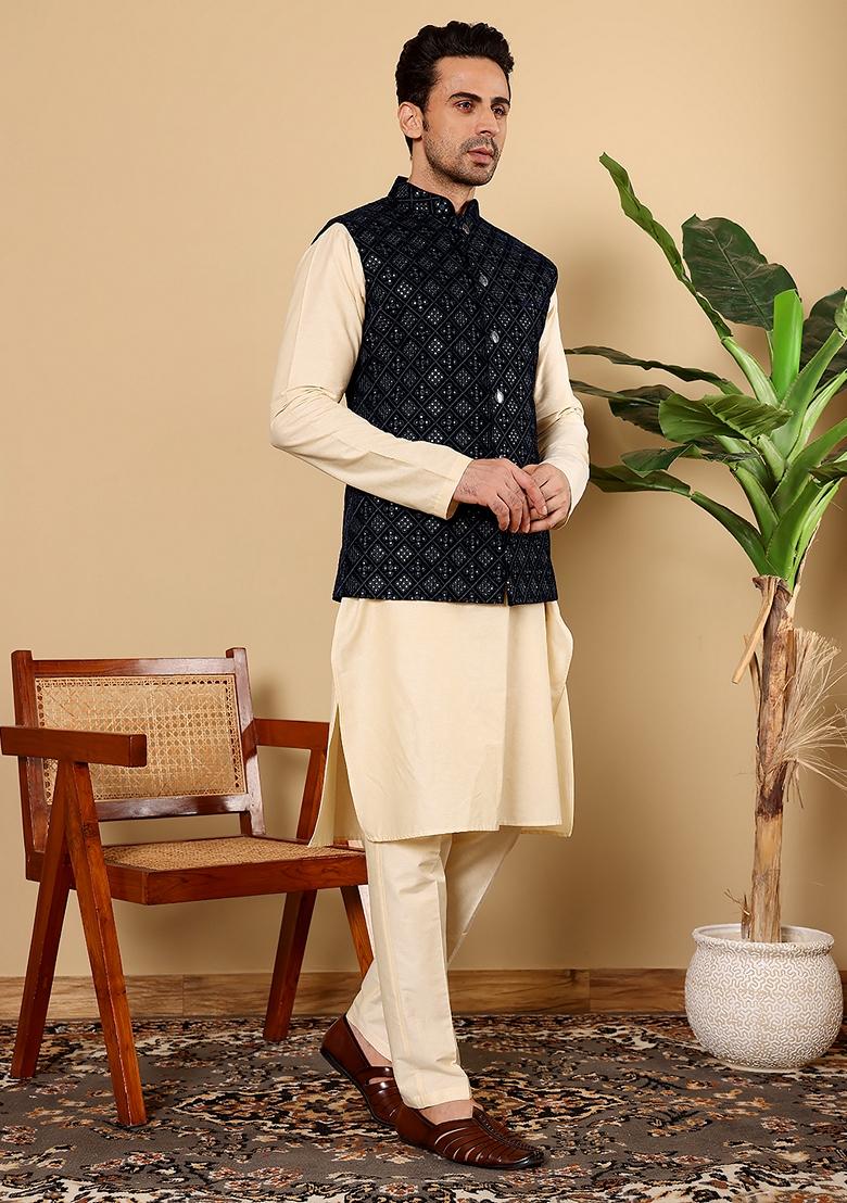 Black Embroidered Viscose Velvet Nehru Jacket And Kurta Set