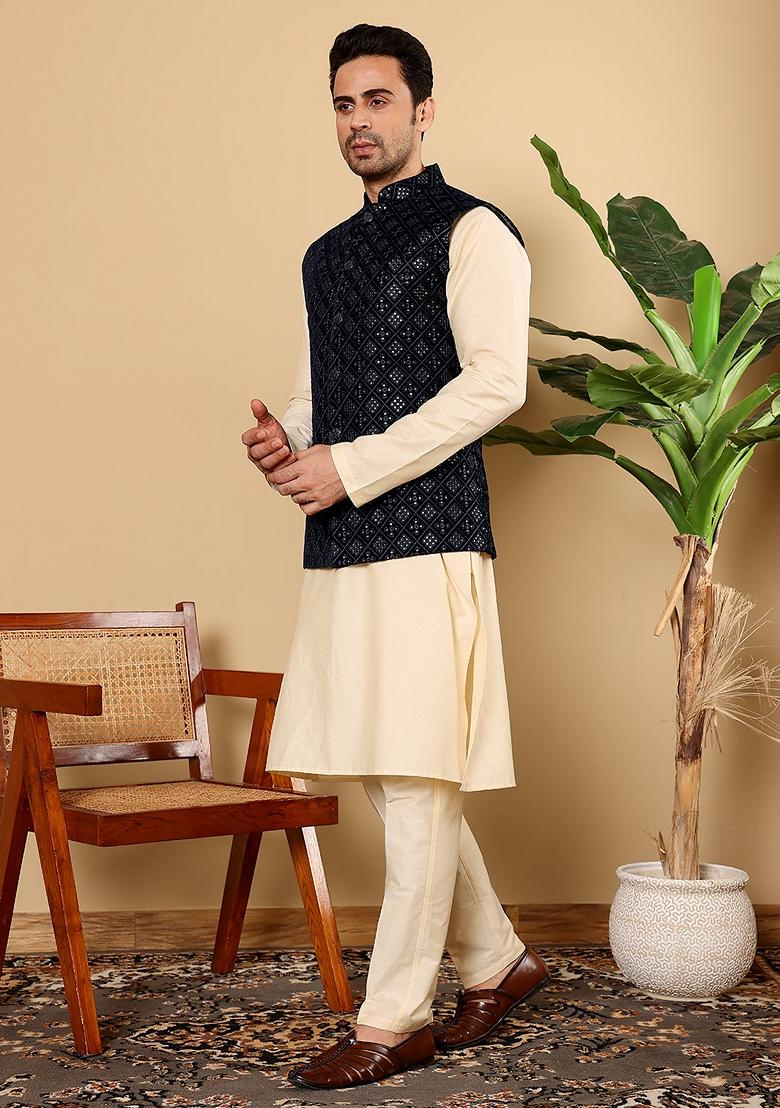Black Embroidered Viscose Velvet Nehru Jacket And Kurta Set