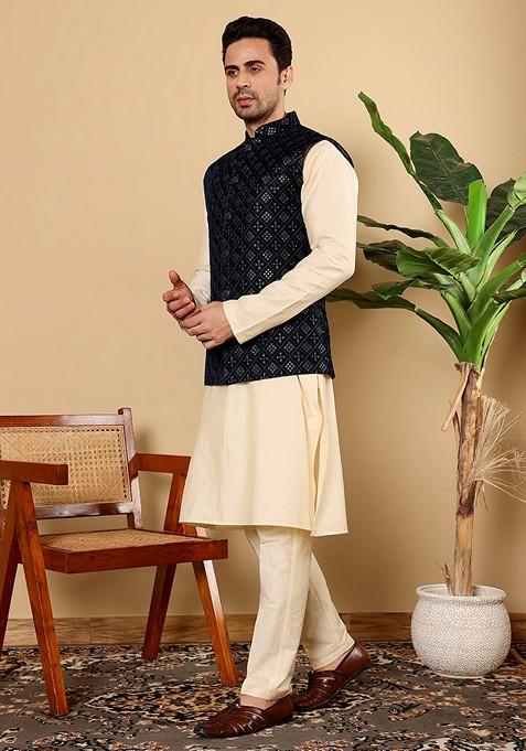 Black Embroidered Viscose Velvet Nehru Jacket And Kurta Set